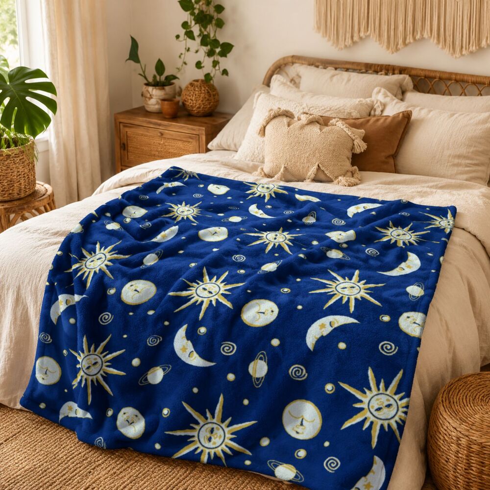 Whimsigoth Boho Astrology Zodiac Fleece Space Astronomy Throw Blanket Sun Moon